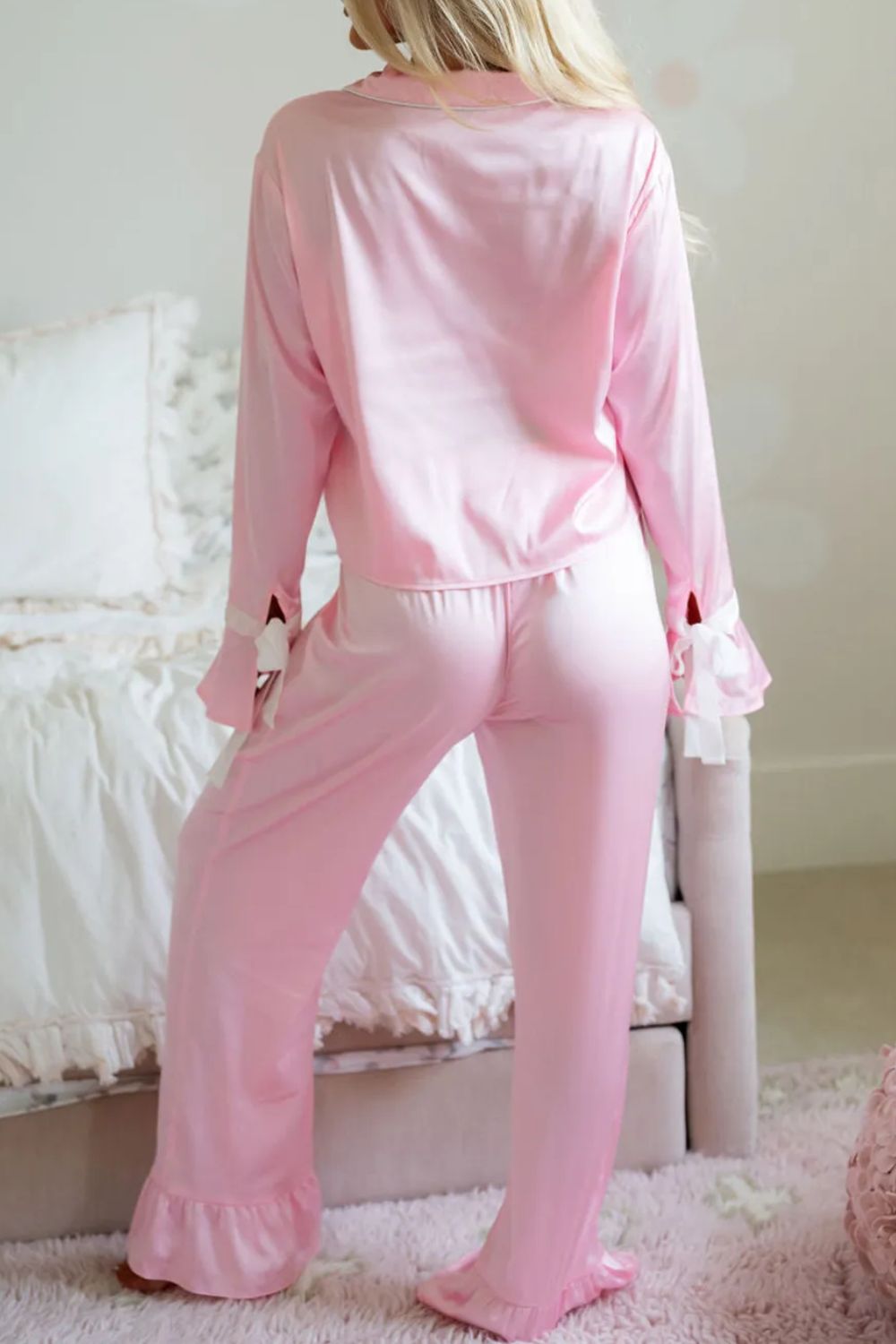 Damen Lounge-Set aus weichem Stoff mit Kragen – langärmelige Bluse und passende Hose, lockere Passform, Rosa 2