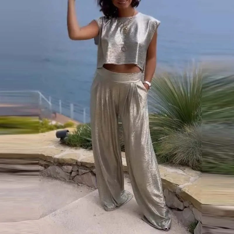Damen-Set, Top und Hose glänzendes Material-4