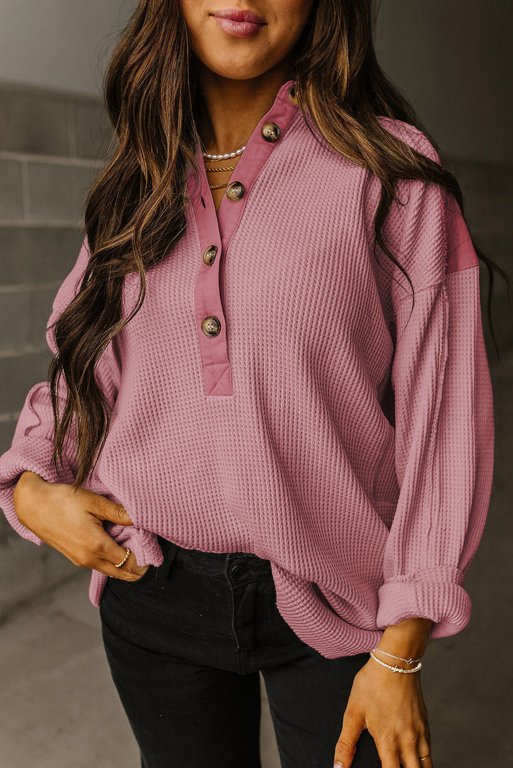 Variant image for Damen-gerippter Pullover mit Knopfdetail, Rippstrickmaterial-1