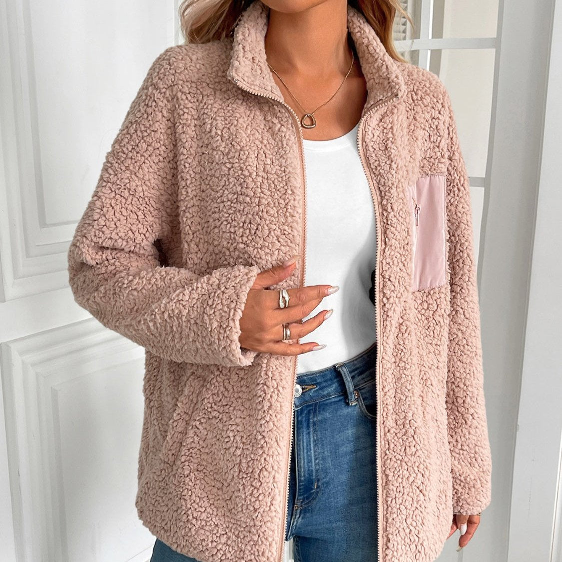 Damen-Fleecejacke, lässiger Winter, Plüschmaterial, mit Reißverschluss-5