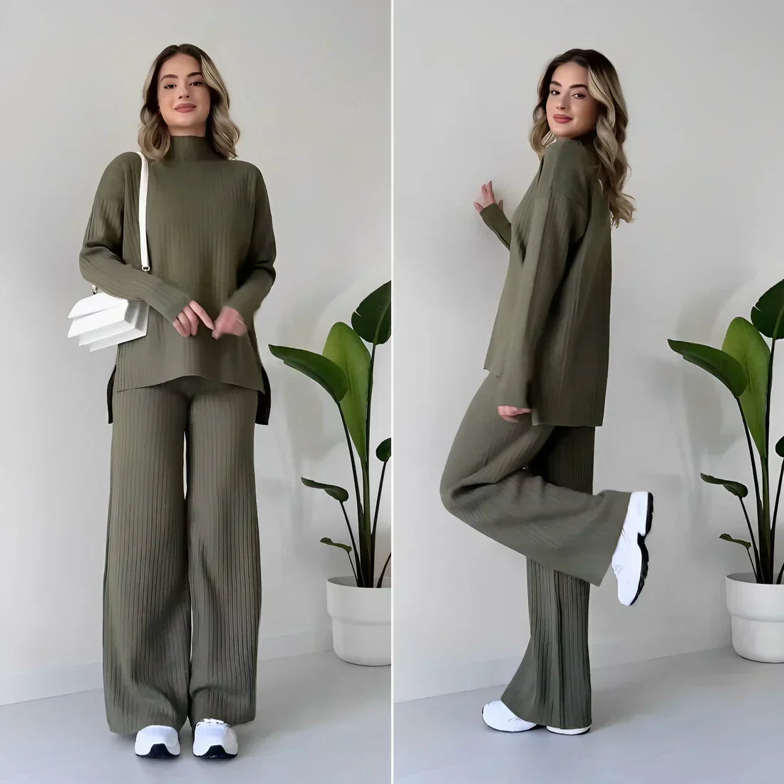 Damen-zweiteiliges Hauskleid, weicher Stoff, lässige Passform-4