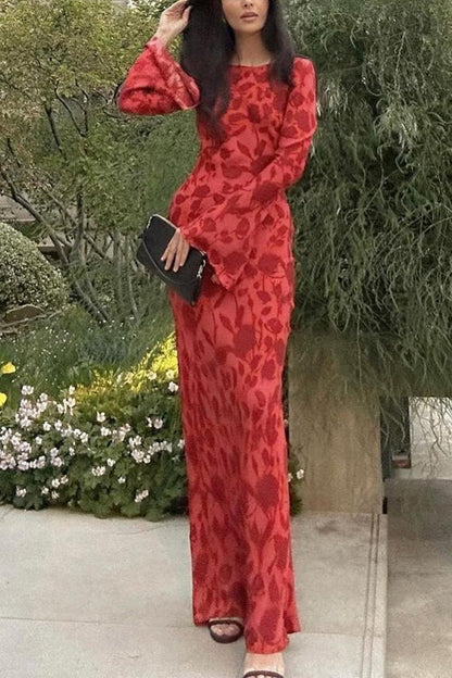 Maxikleid Damen mit Blumenmuster und langen Ärmeln aus Baumwolle und Polyester-5