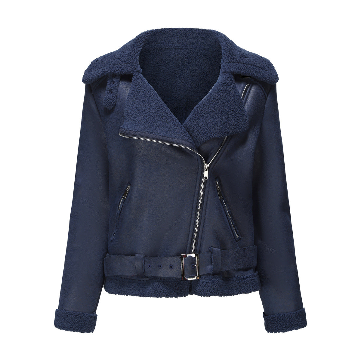 Damen-Winterjacke mit Pelz und Gürtel aus Kunstleder, langer Schnitt-6