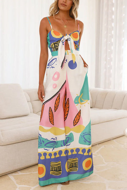 Damen-Jumpsuit Knotenfront Bedruckt Baumwolle Polyester mit weitem Bein und Taschen-4