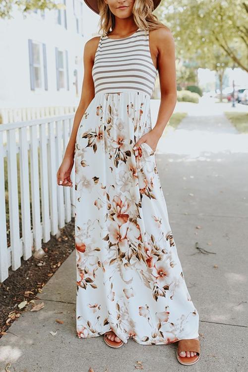 Damen-Maxikleid, Ärmelloses Geblümtes Polyester-1