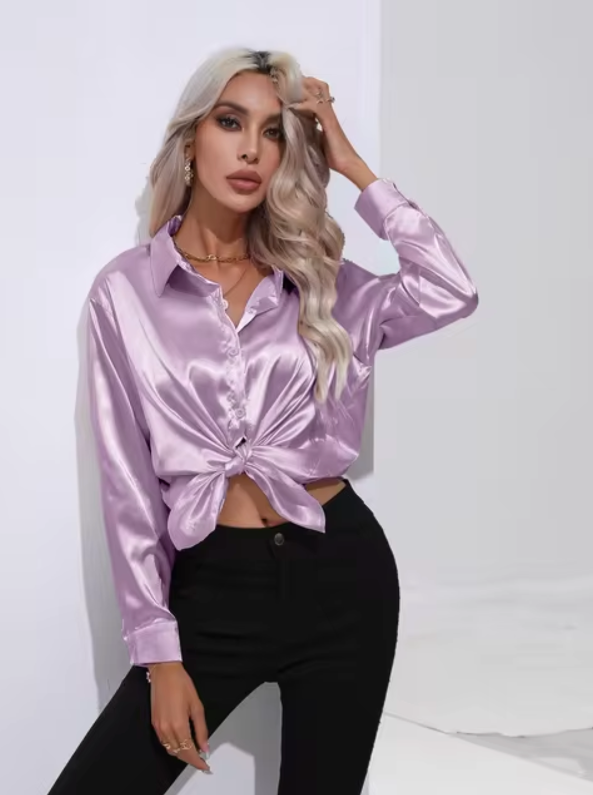 Variant image for Damenbluse Langarm Satin eleganter V-Ausschnitt-41