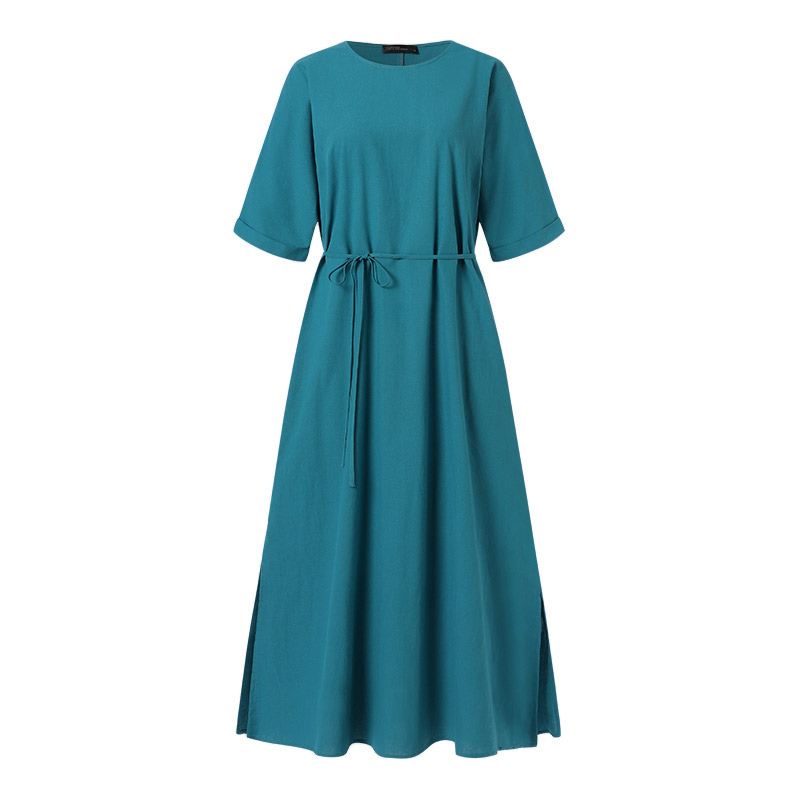 Damen-Maxikleid, Boho-Stil, Baumwolle, kurze Ärmel, Rundhals 2