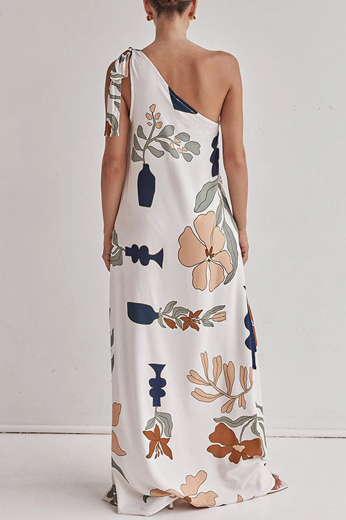 Damen-Maxikleid, Asymmetrische Blumenmuste Baumwolle, Polyester, Sommer-4