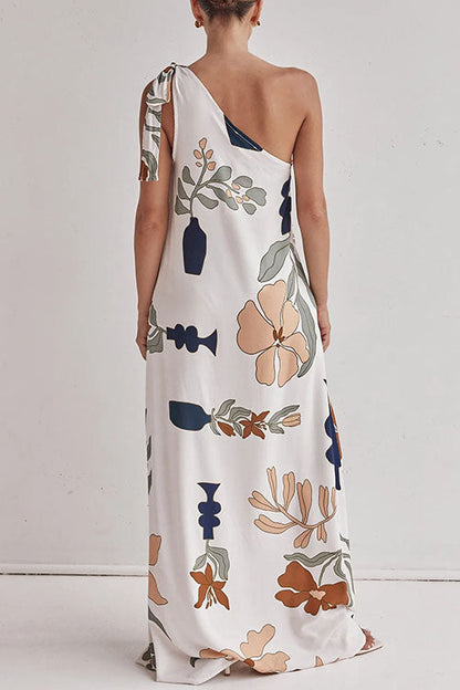 Damen-Maxikleid, Asymmetrische Blumenmuste Baumwolle, Polyester, Sommer-4