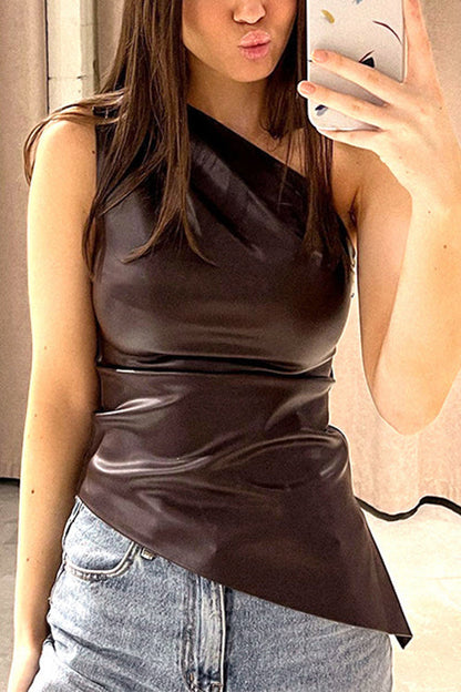 Damen-Party-Top, asymmetrisches Synthetikleder-4