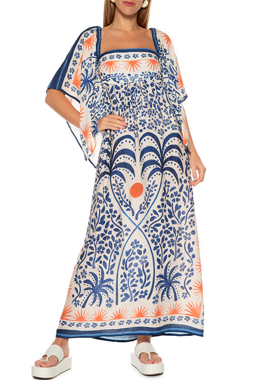 Damen-Maxikleid, eckiger Kragen, bedruckte Baumwolle, und Polyester-1
