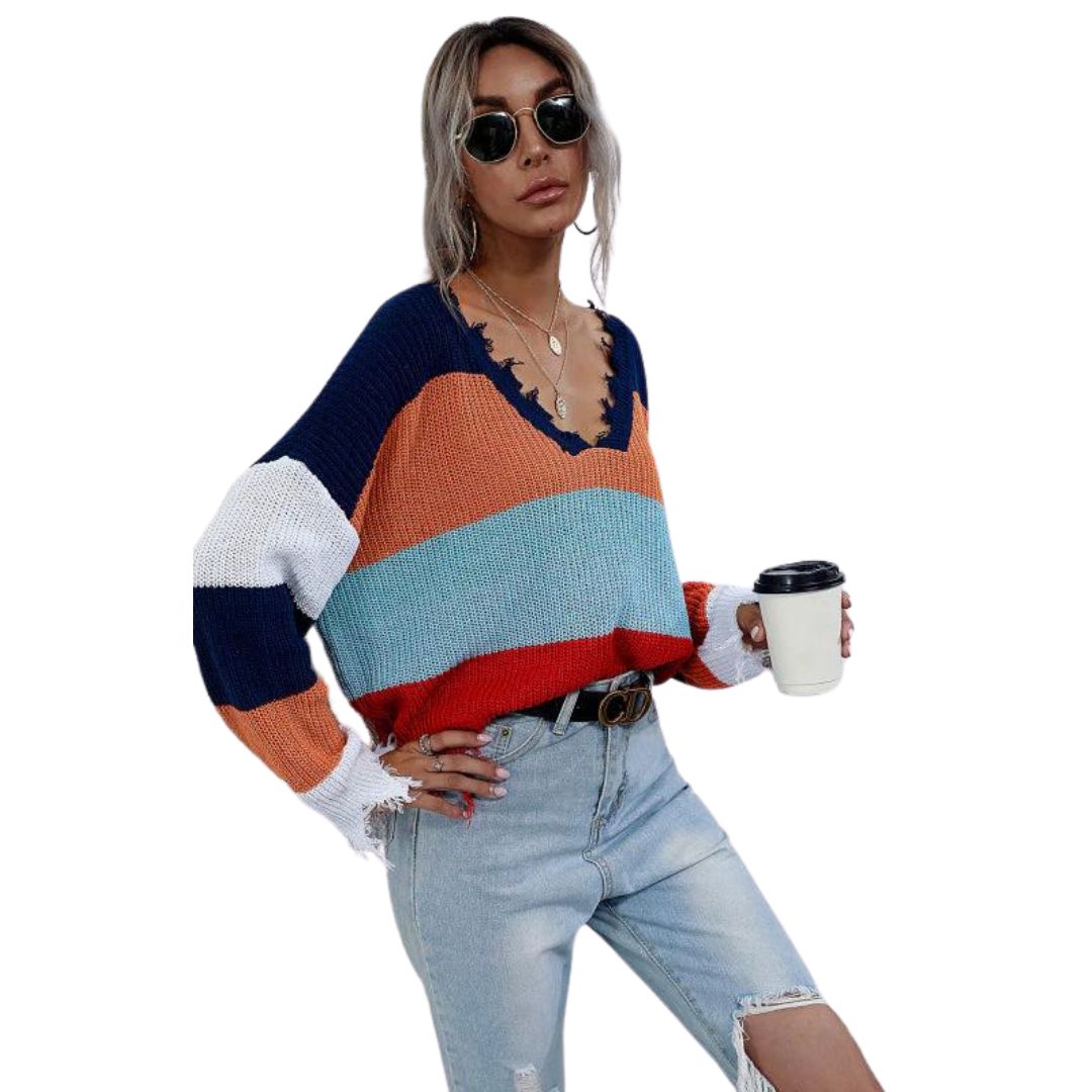 Damen-Strickpullover, V-Ausschnitt mit gestreiftem Muster und ausgefranstem Saum-3