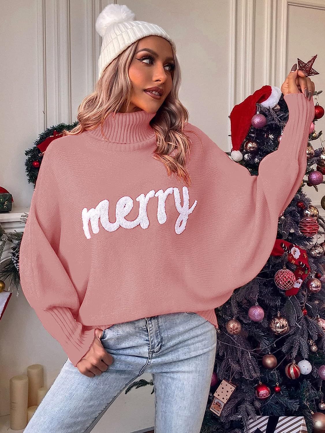 Damen-Strickpullover, Fledermausärmel, hoher Kragen, Acryl-3
