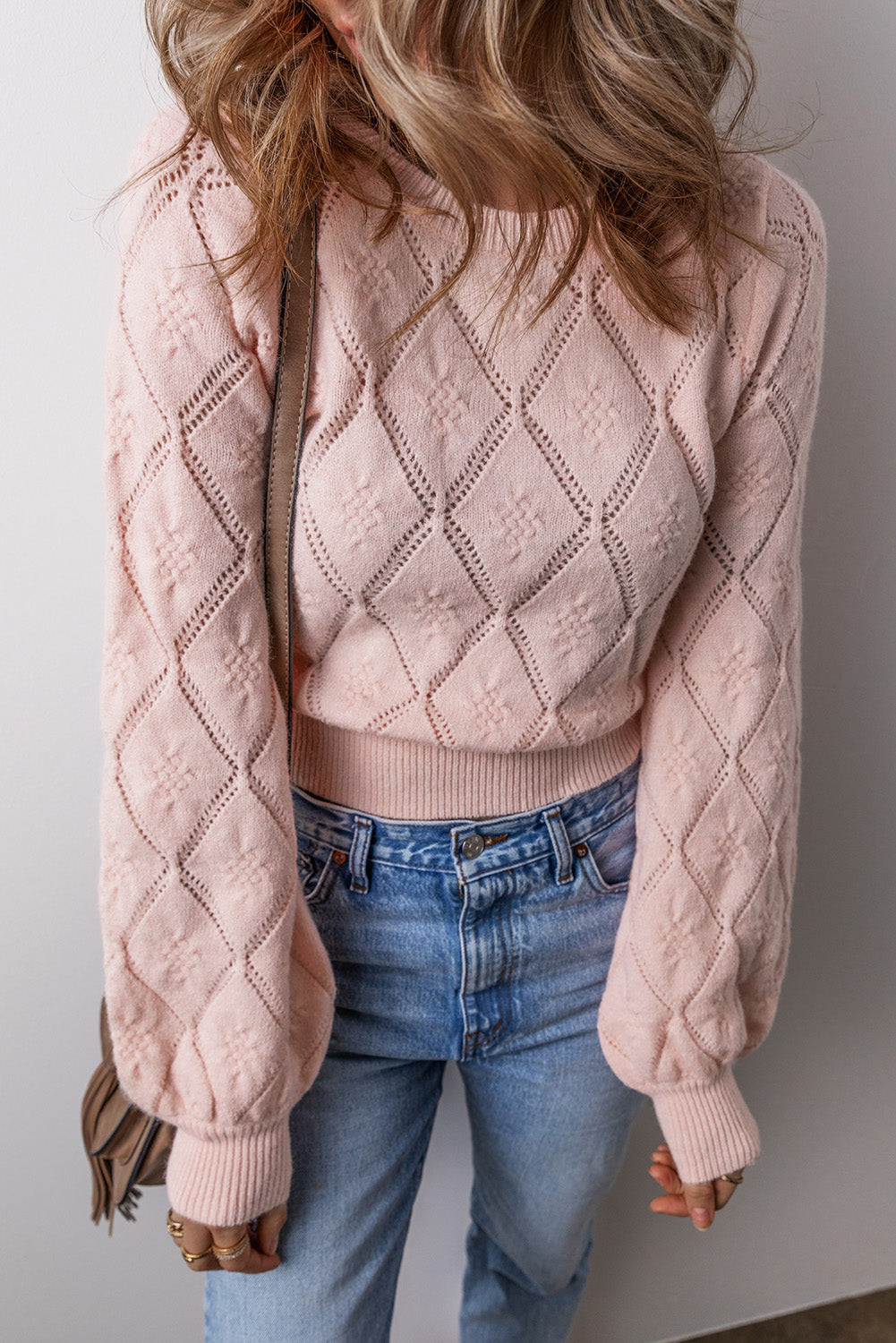 Damenpullover Kurzer Schnitt Puffärmel Acryl Rosa-1