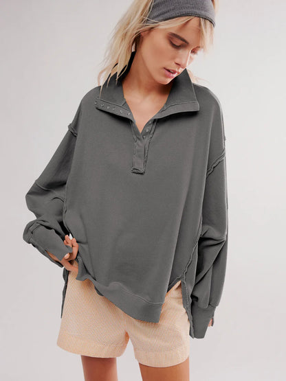 Variantenbild für Damen-Sweatshirt, dicker Pullover mit Knöpfen, 100% Baumwolle-21