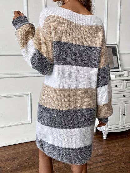 Damen-Midikleid, farbblock langarm Acryl-3