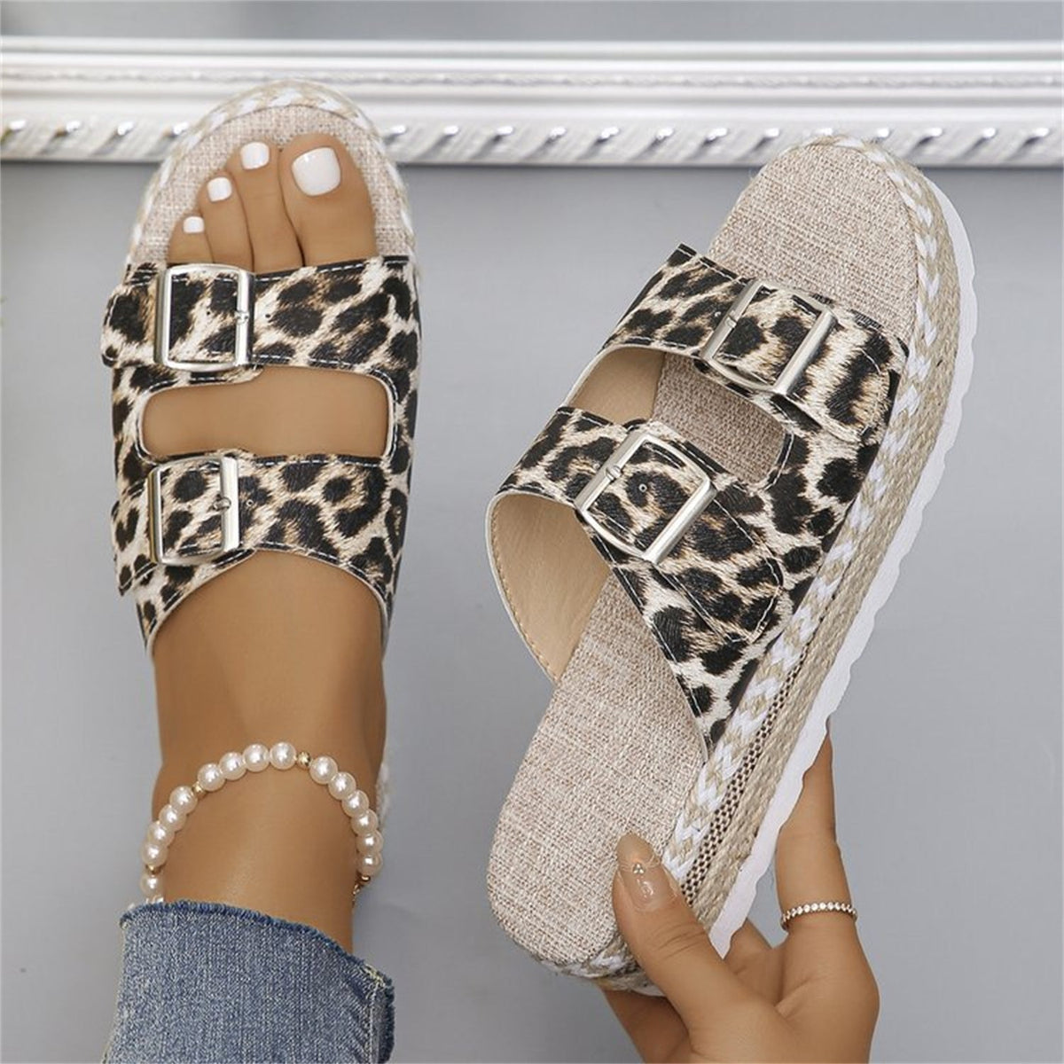 Damen-Sandalen, doppelte Schnallen, PU, Fischmaul-Design-5