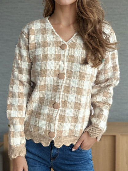 Damen-V-Ausschnitt-Strickjacke, kariertes Muster, gestrickt, Herbst-4