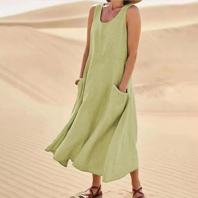 Damen-Kleines Leinenkleid mit Taschen, atmungsaktiv, Loose Fit 14