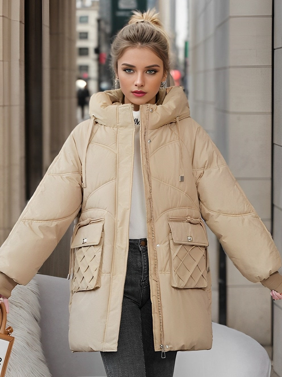 Damen Winterjacke Dick mit Kapuze und Taschen-1