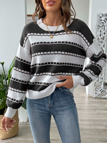 Damen-gestreifter Pullover, runder Hals, weiche Mischung-4