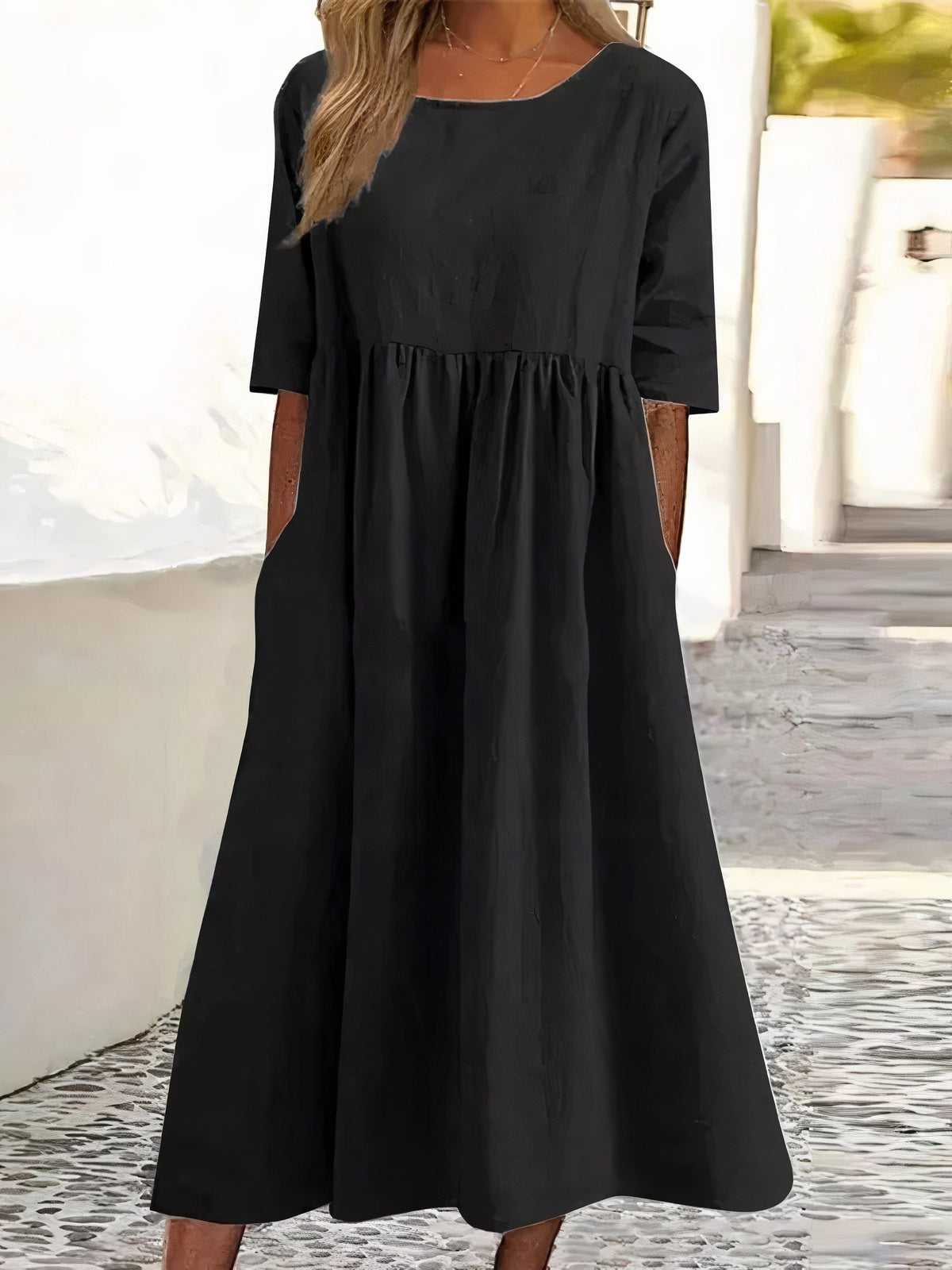 Damenkleid, Vintage, halbarmig, Midi, aus Baumwollmischung-4