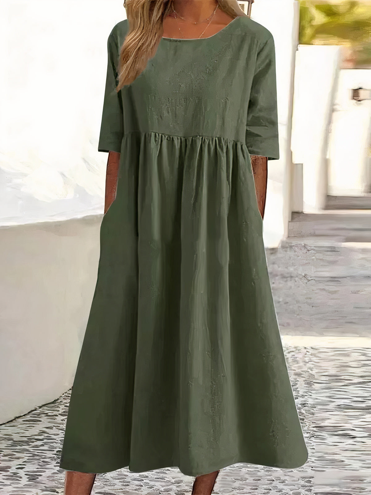 Damenkleid, Vintage, halbarmig, Midi, aus Baumwollmischung-5