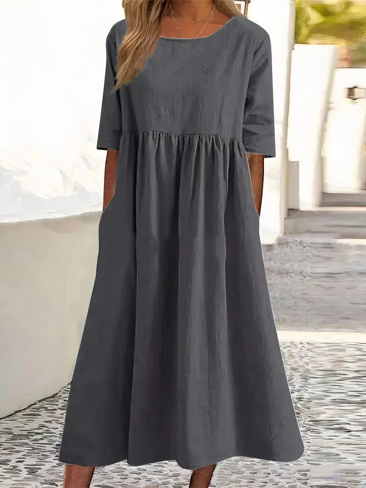Damenkleid, Vintage, halbarmig, Midi, aus Baumwollmischung-2