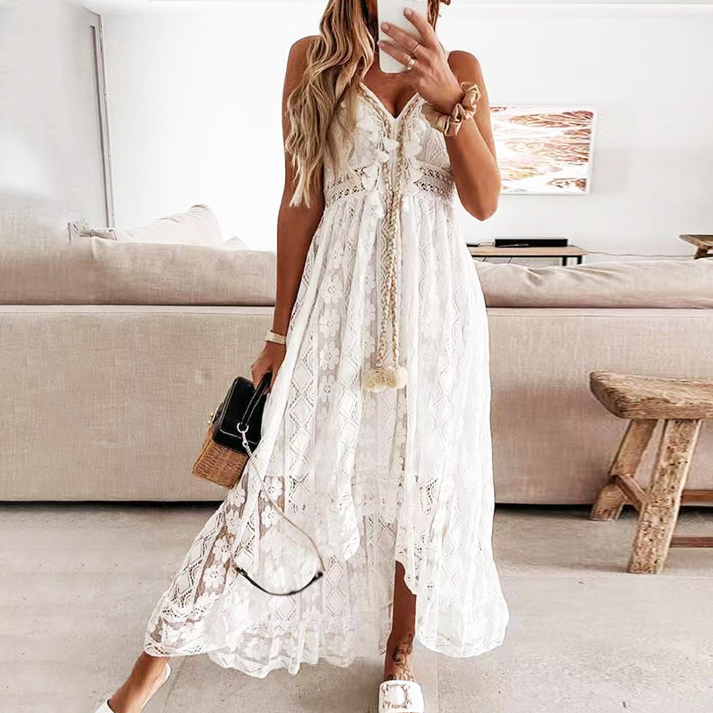 Damen-Sommerkleid, V-Ausschnitt, Spitze, Polyester, für Hochzeit und Fest-1