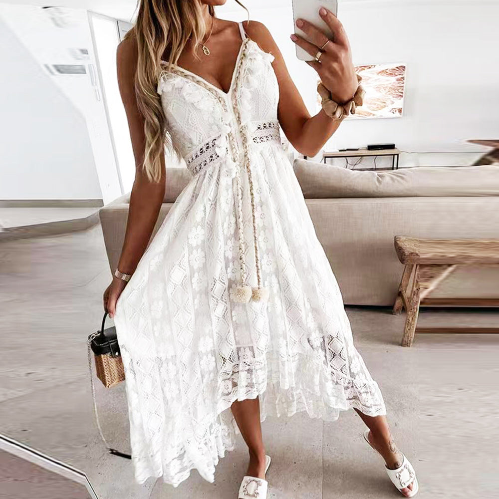 Damen-Sommerkleid, V-Ausschnitt, Spitze, Polyester, für Hochzeit und Fest-2