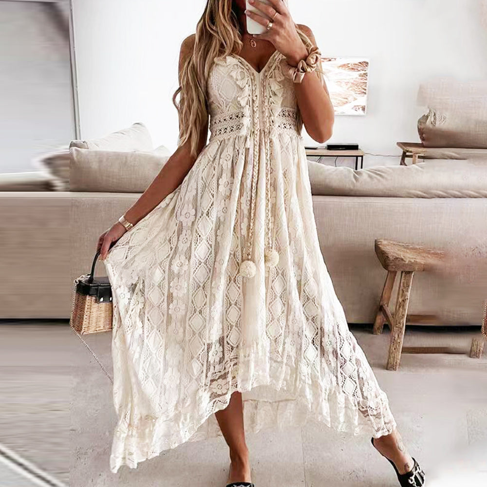 Damen-Sommerkleid, V-Ausschnitt, Spitze, Polyester, für Hochzeit und Fest-5