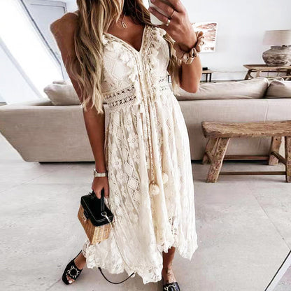 Damen-Sommerkleid, V-Ausschnitt, Spitze, Polyester, für Hochzeit und Fest-3