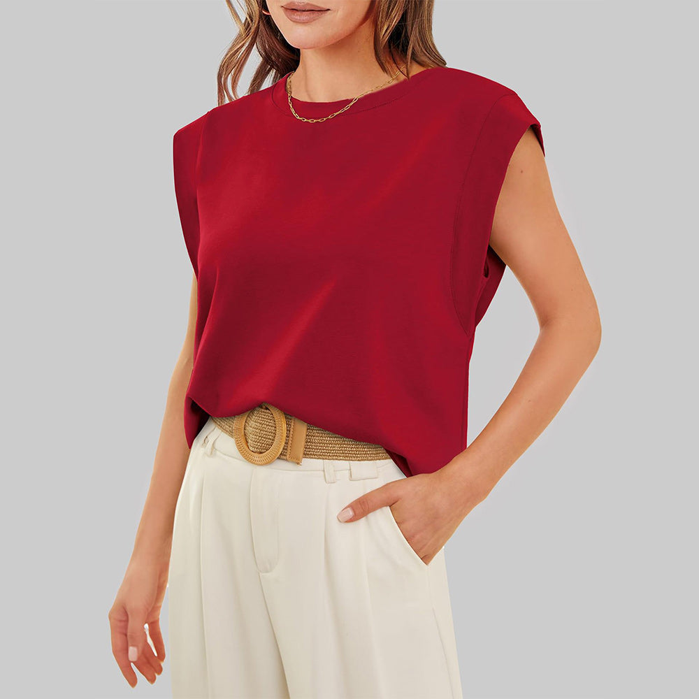 Damen-T-Shirt, ärmelloser runder Halsausschnitt, Baumwolle 1