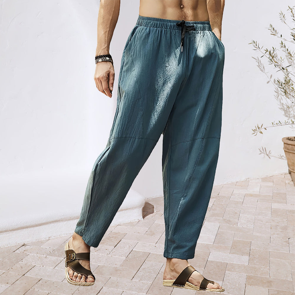 Herren-Hose, mit elastischem Bund, aus atmungsaktivem, Leinen, Material-3