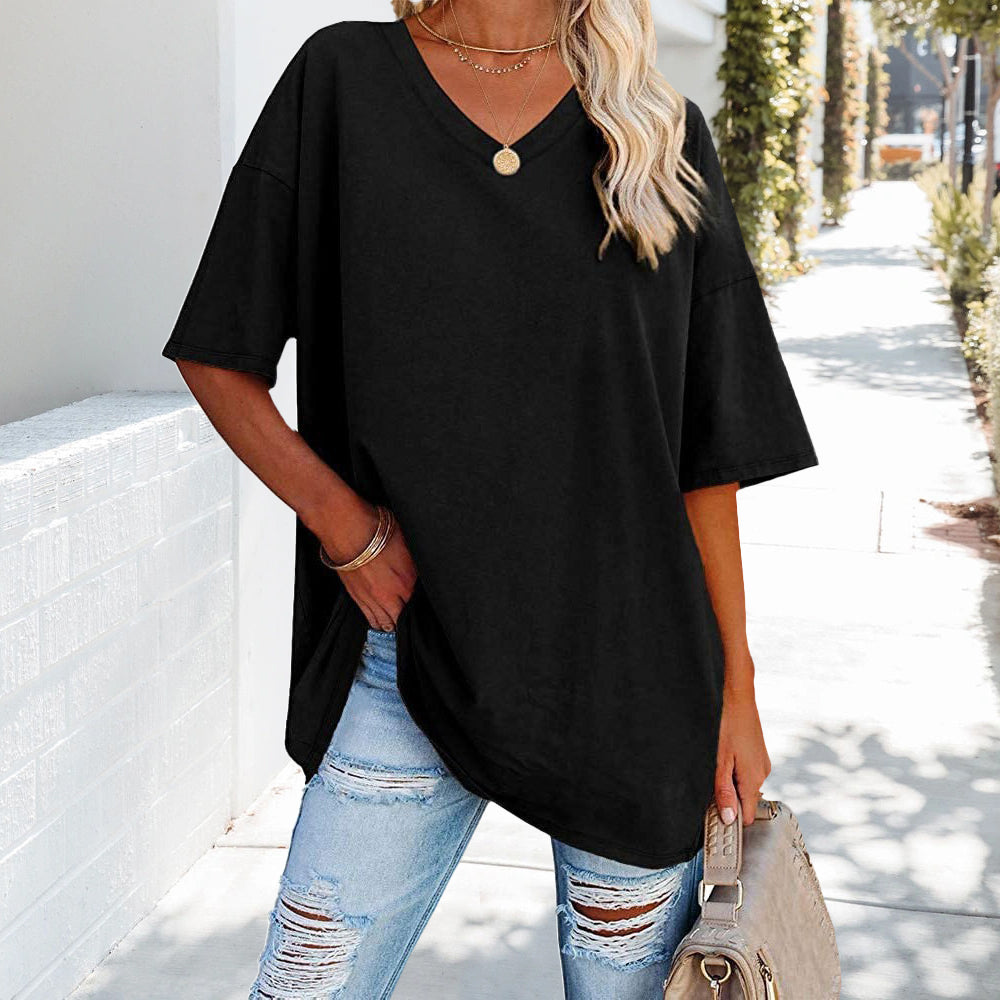 Damen-T-Shirt, V-Ausschnitt, weiche Baumwolle-1