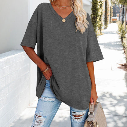 Damen-T-Shirt, V-Ausschnitt, weiche Baumwolle-3