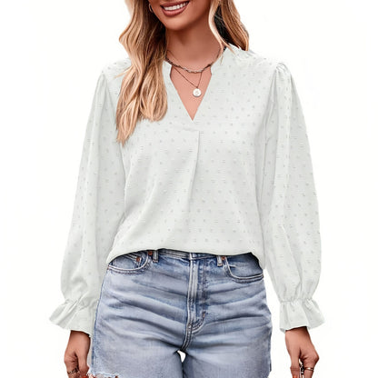Damen-T-Shirt, V-Ausschnitt, leichte Schirmärmel, Polyester, Jacquard-5