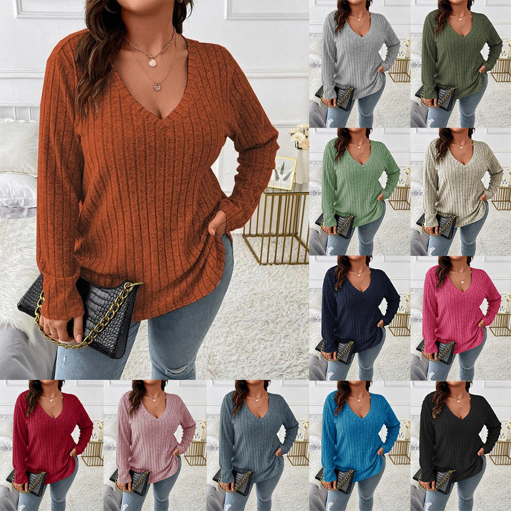 Damen-Langarmtop, V-Ausschnitt, leichtes Polyester-4