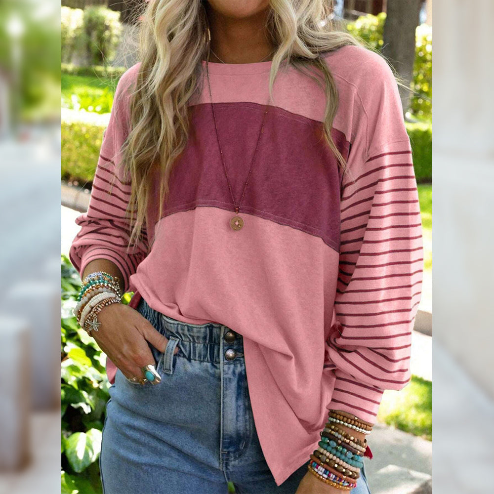 Damen-Langarm-T-Shirt, gestreift, Polyester, mit rundem Ausschnitt-3