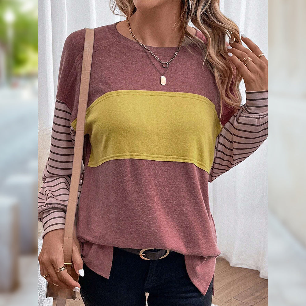 Damen-Langarm-T-Shirt, gestreift, Polyester, mit rundem Ausschnitt-5