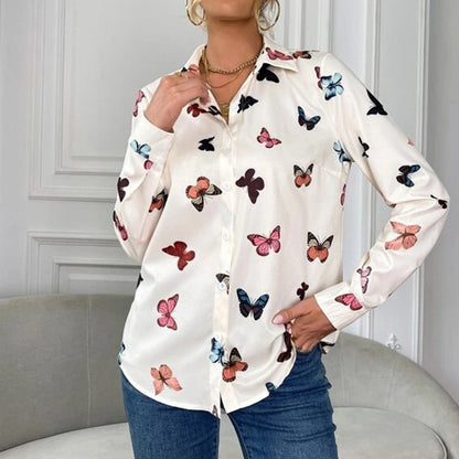 Damen Hemd Langarm Polyester mit Schmetterlings- und Herzdruck-4