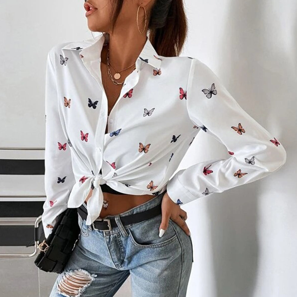 Damen Hemd Langarm Polyester mit Schmetterlings- und Herzdruck-6