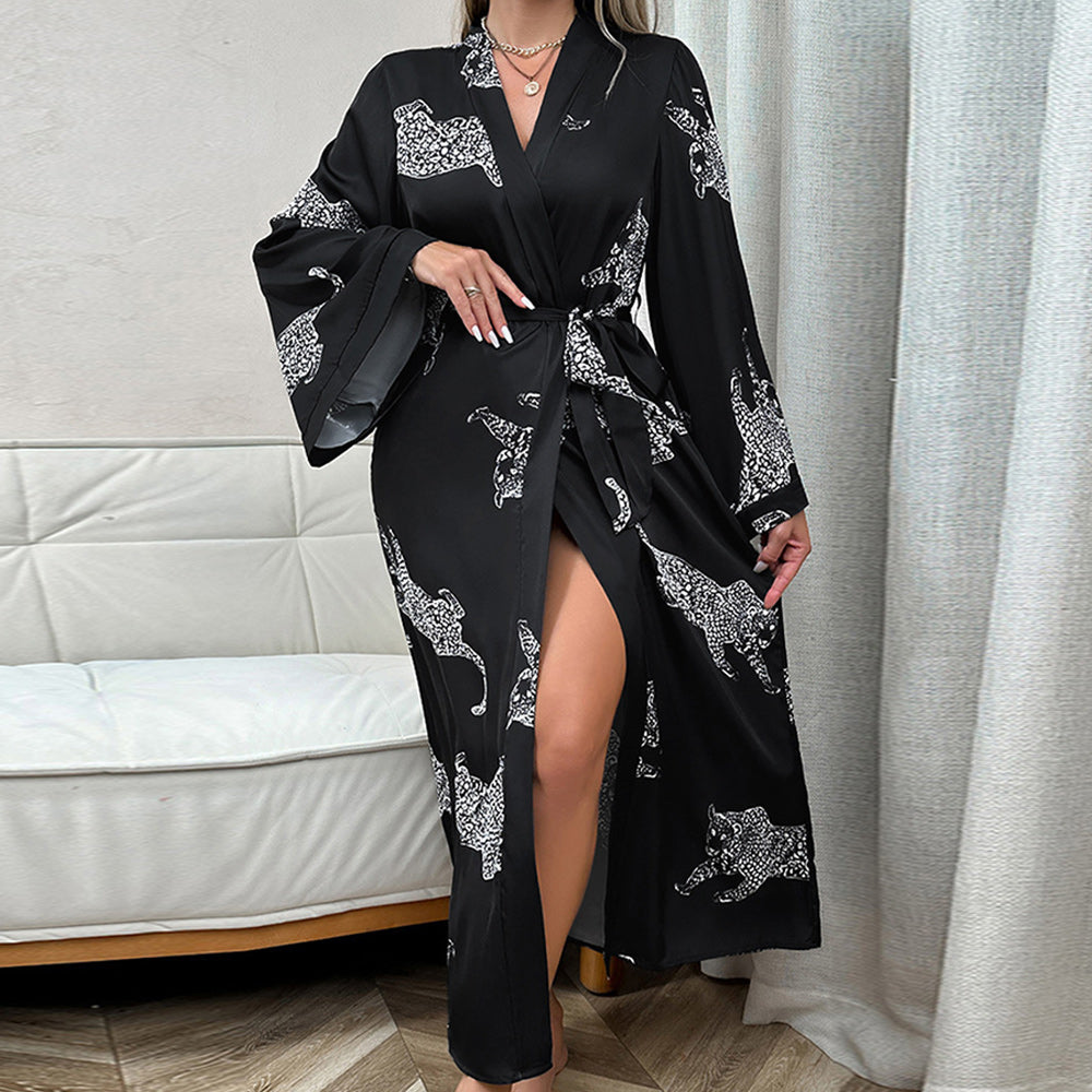 Damen-Langarm-Loungewear-Set, Satin, leopardenmuster-2