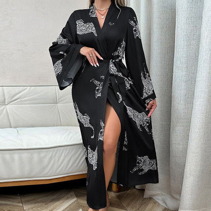 Damen-Langarm-Loungewear-Set, Satin, leopardenmuster-2