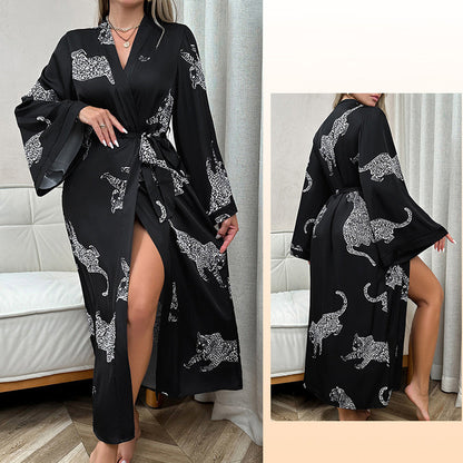 Damen-Langarm-Loungewear-Set, Satin, leopardenmuster-1