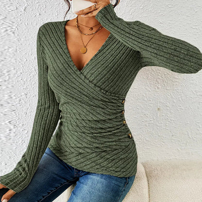 Damen-Langarmtop, V-Ausschnitt, weiche Baumwolle und Polyester-2