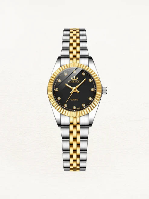 Damen-Armbanduhr, rostfreier Stahl, elegantes schwarzes Zifferblatt, Gold-Silber-1