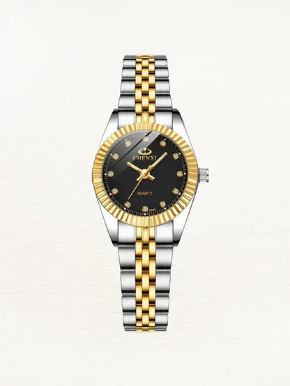 Damen-Armbanduhr, rostfreier Stahl, elegantes schwarzes Zifferblatt, Gold-Silber-1
