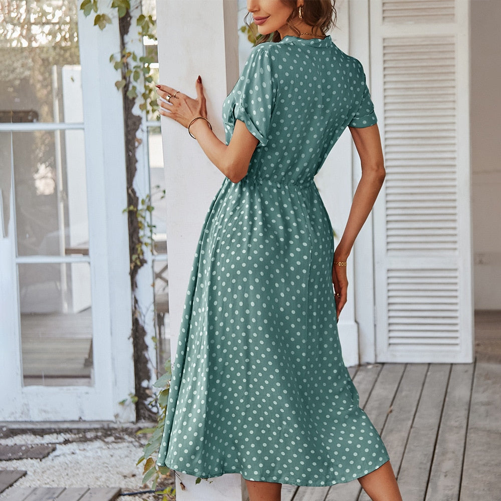 Damen-Punktkleid, V-Ausschnitt, knielang, Baumwolle, für Sommerfeste und Hochzeiten-5