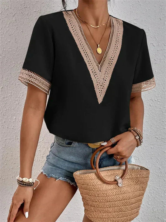 Damen V-Ausschnitt Top Weiche Baumwolle Elegant-1